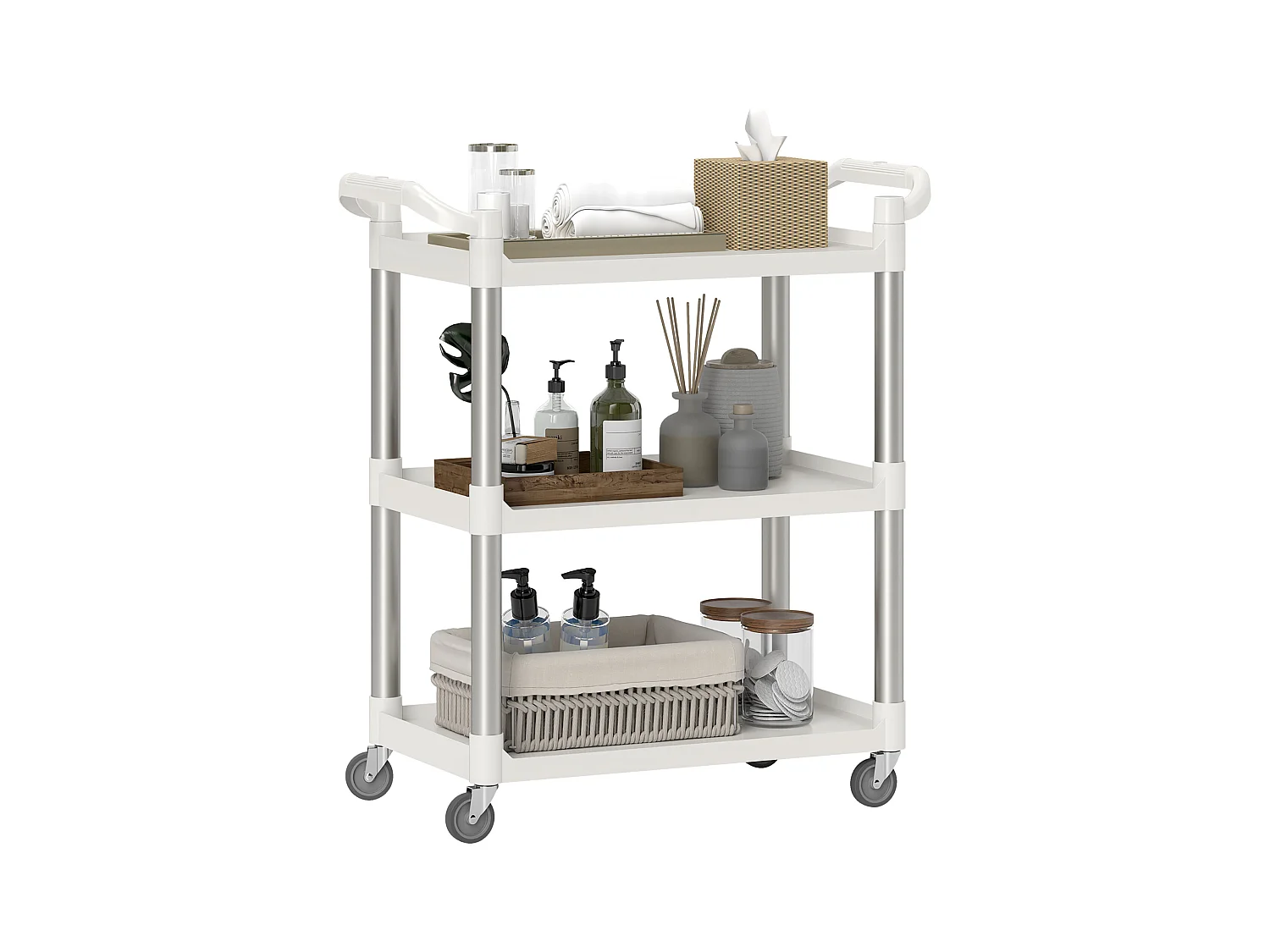 Carrello portavivande a 3 livelli in pp e alluminio bianco e argento