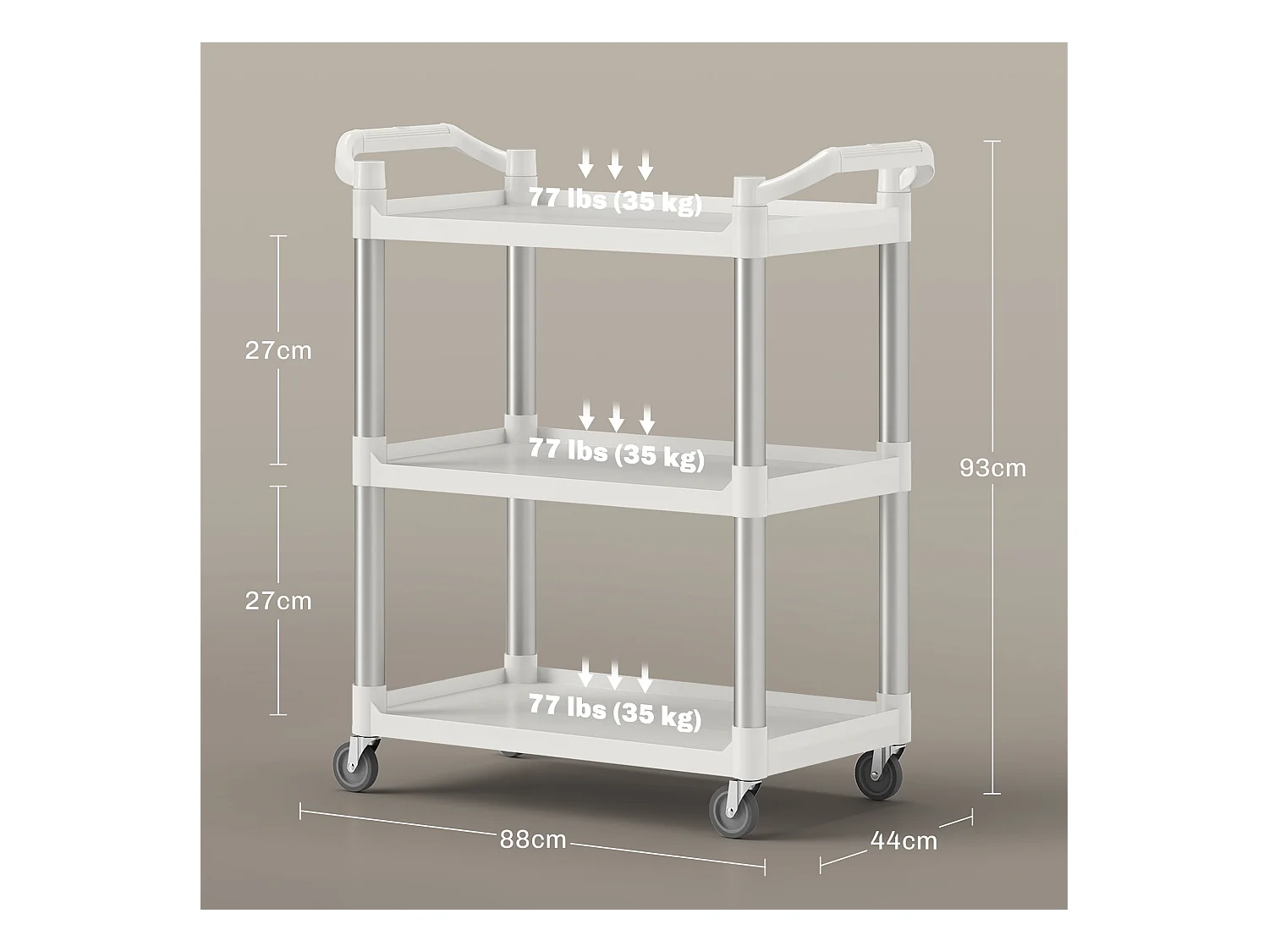 Carrello portavivande a 3 livelli in pp e alluminio bianco e argento