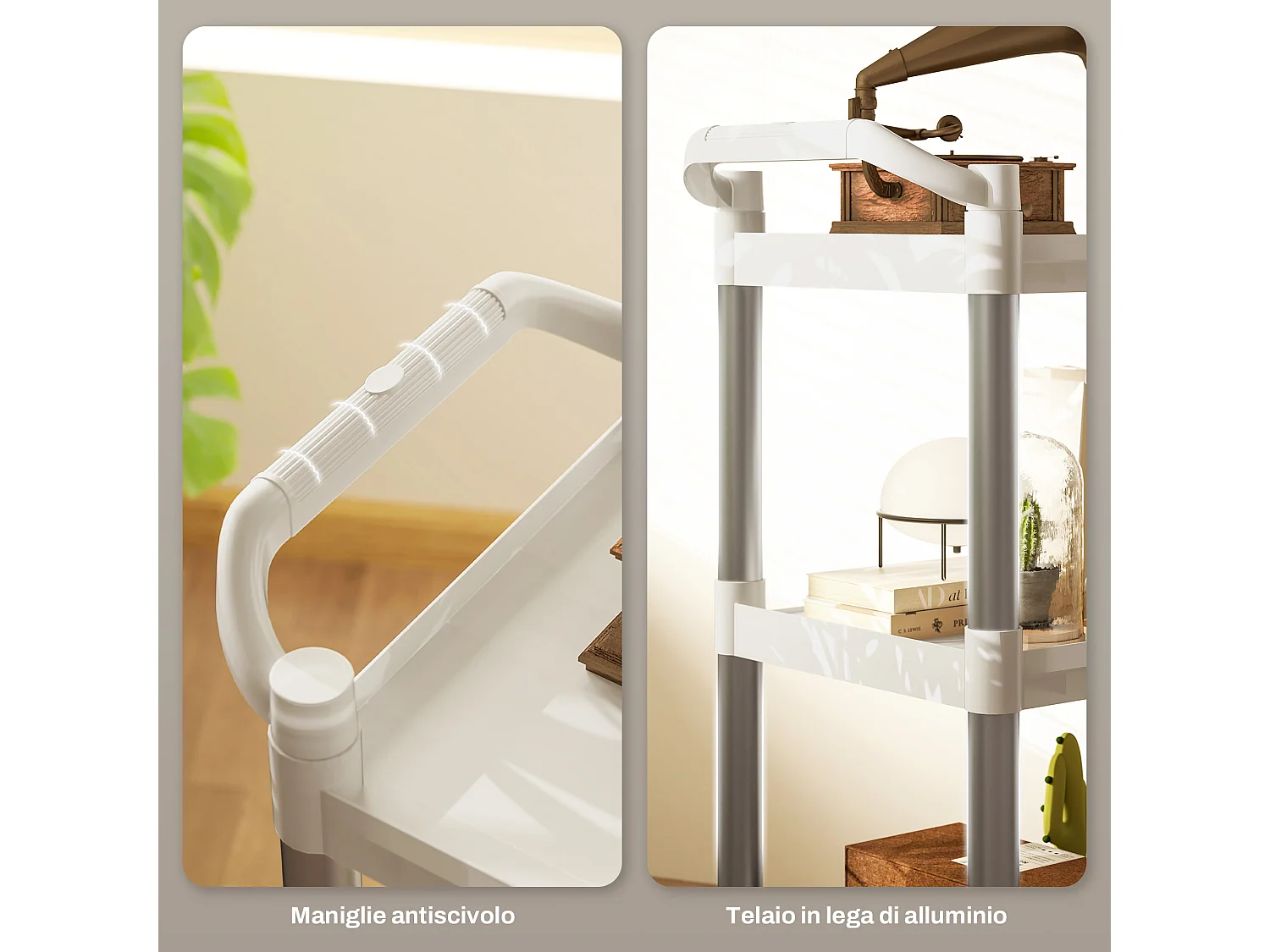 Carrello portavivande a 3 livelli in pp e alluminio bianco e argento