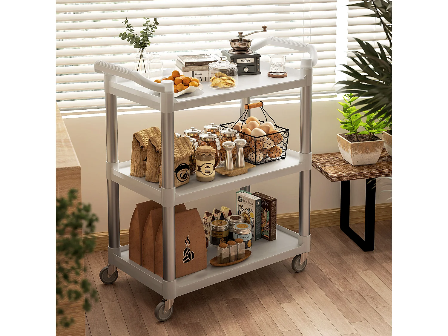 Carrello portavivande a 3 livelli in pp e alluminio bianco e argento