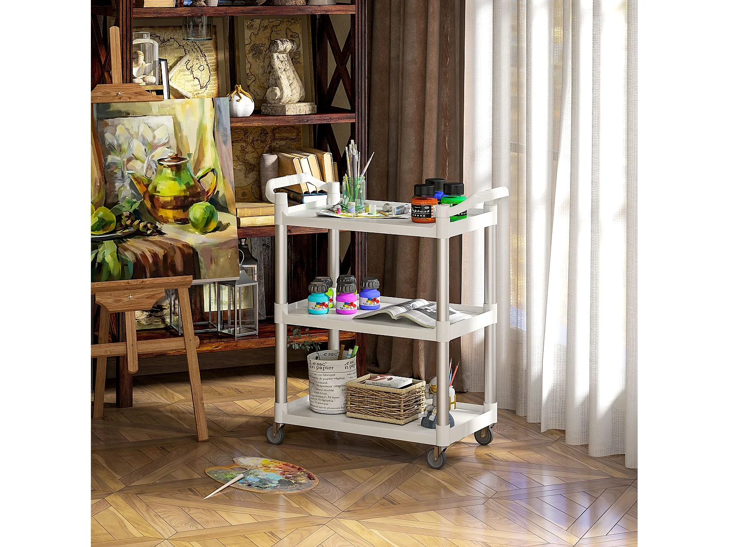 Carrello portavivande a 3 livelli in pp e alluminio bianco e argento