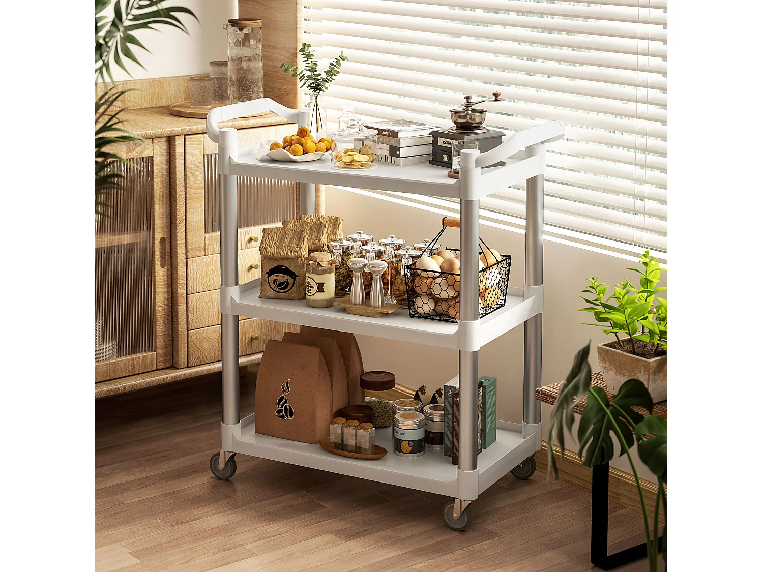 Carrello portavivande a 3 livelli in pp e alluminio bianco e argento