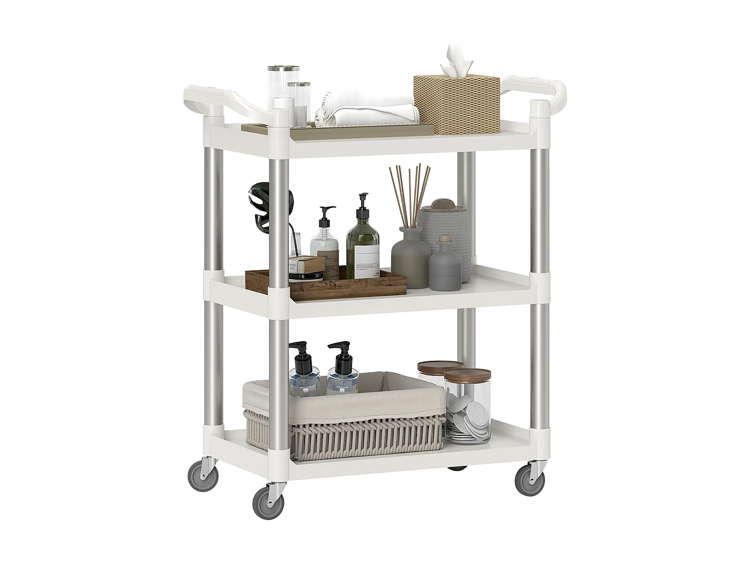 Carrello portavivande a 3 livelli in pp e alluminio bianco e argento