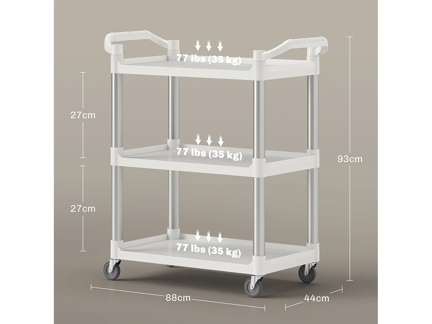 Carrello portavivande a 3 livelli in pp e alluminio bianco e argento
