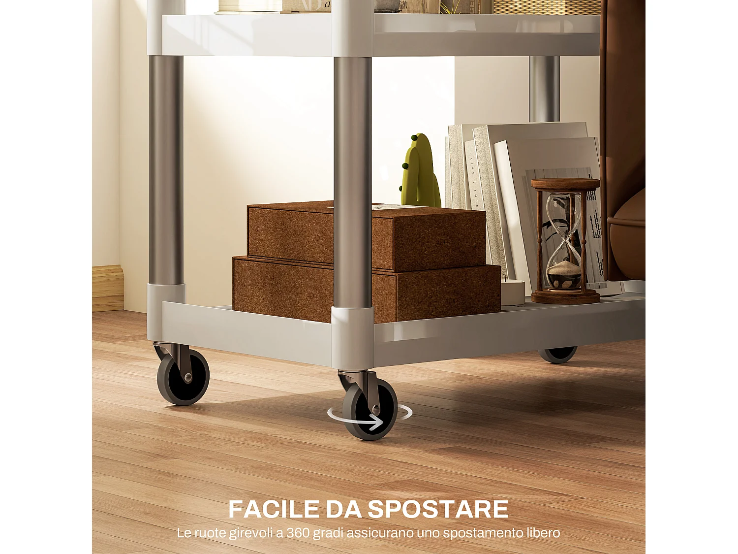 Carrello portavivande a 3 livelli in pp e alluminio bianco e argento