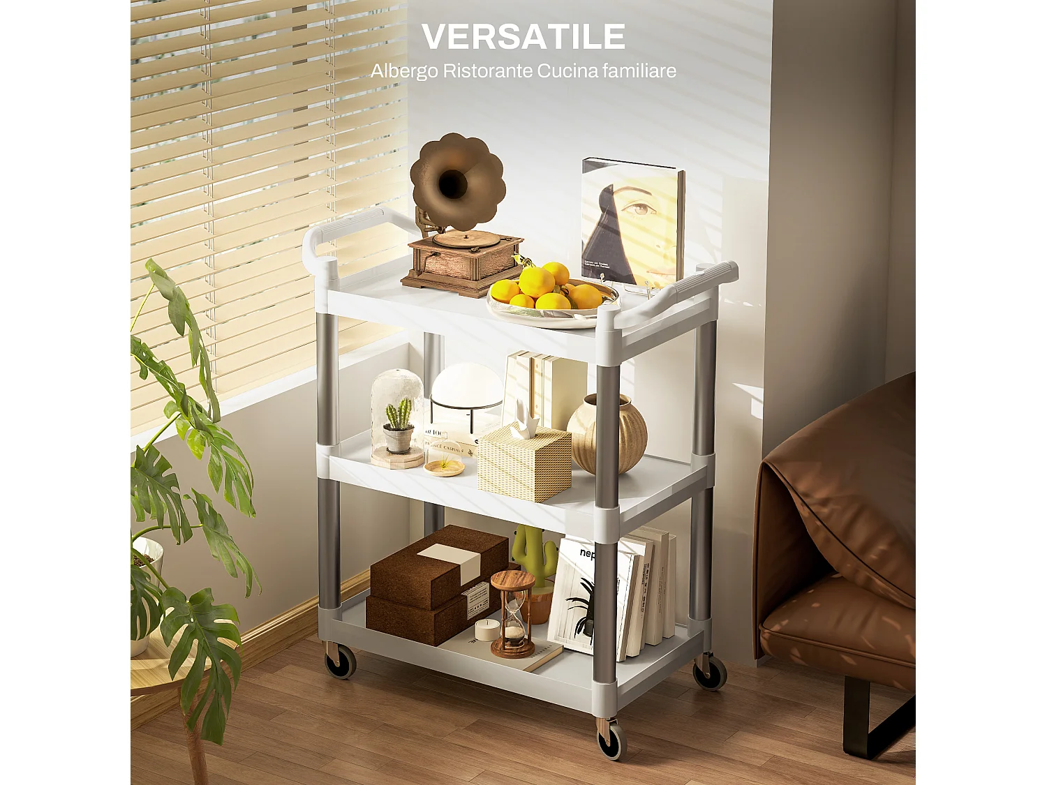 Carrello portavivande a 3 livelli in pp e alluminio bianco e argento