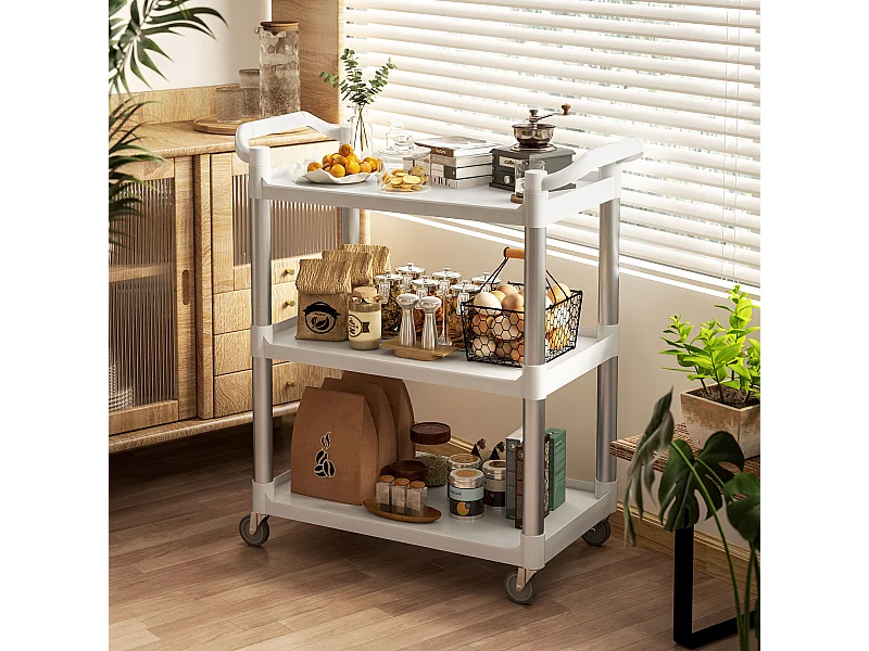 Carrello portavivande a 3 livelli in pp e alluminio bianco e argento