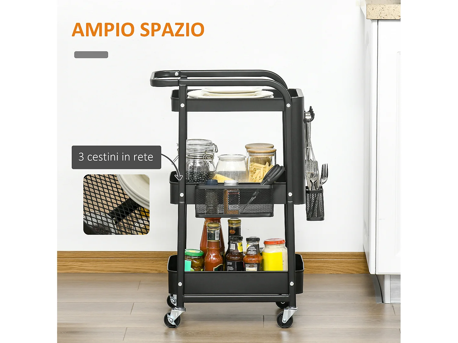 Carrello portavivande a 3 livelli con spazio multiuso e ruote