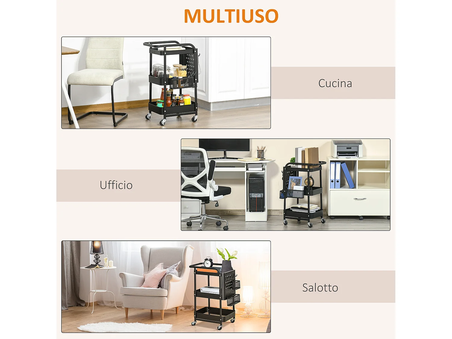 Carrello portavivande a 3 livelli con spazio multiuso e ruote