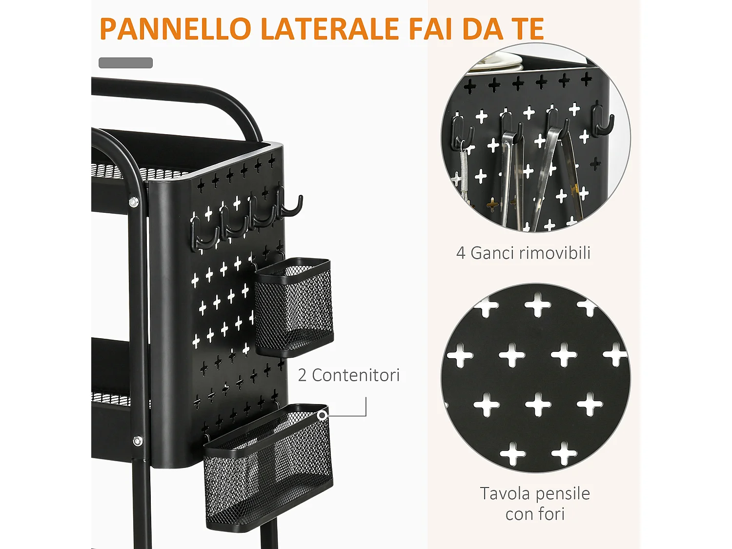 Carrello portavivande a 3 livelli con spazio multiuso e ruote