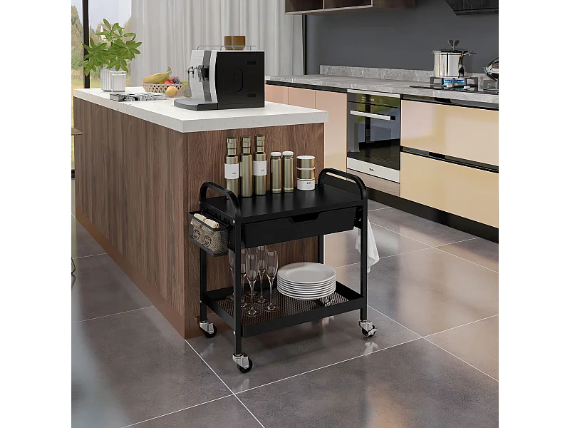 Carrello da cucina con cassetto estraibile 3 ganci e cesto nero