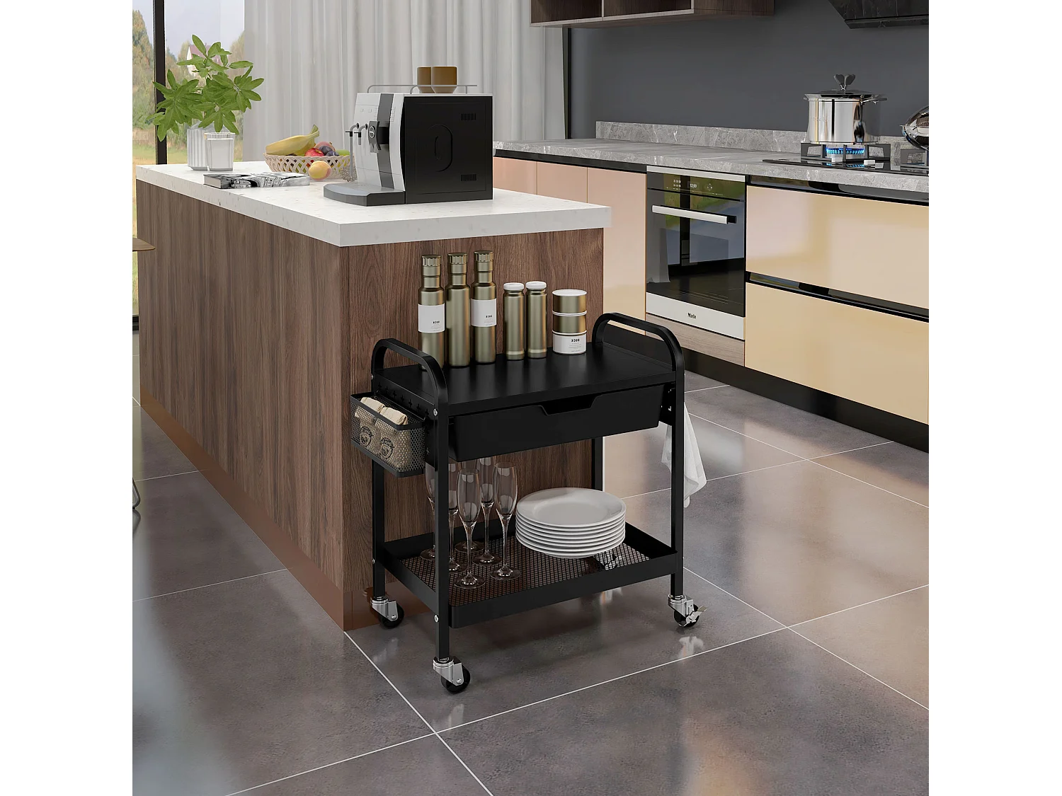 Carrello da cucina con cassetto estraibile 3 ganci e cesto nero