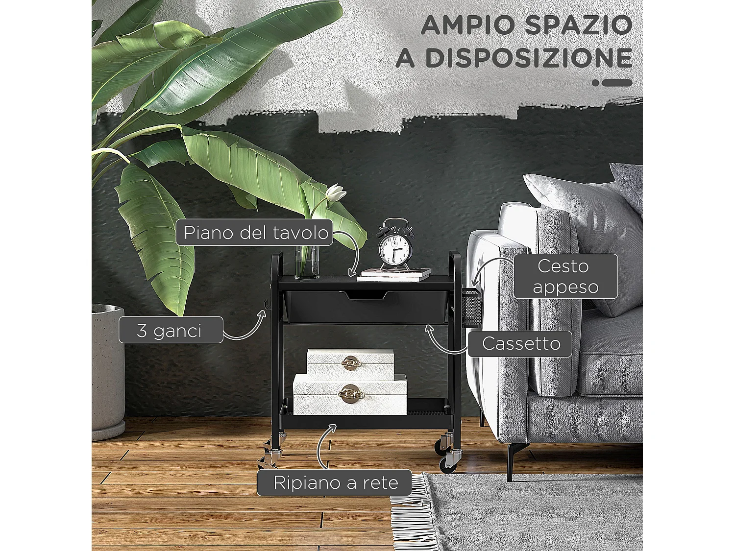 Carrello da cucina con cassetto estraibile 3 ganci e cesto nero