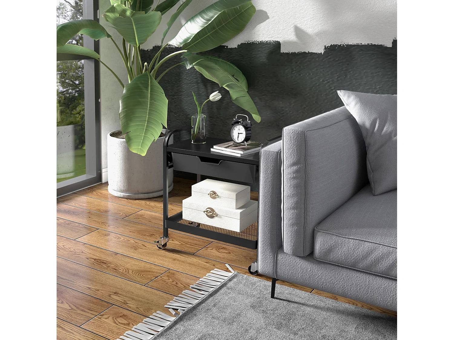 Carrello da cucina con cassetto estraibile 3 ganci e cesto nero