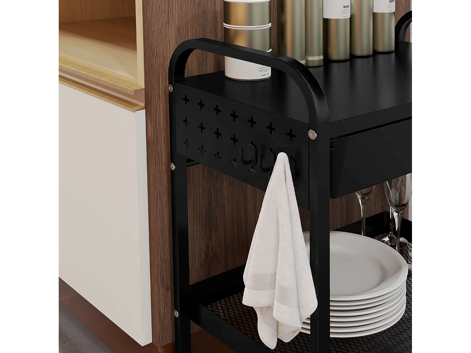 Carrello da cucina con cassetto estraibile 3 ganci e cesto nero