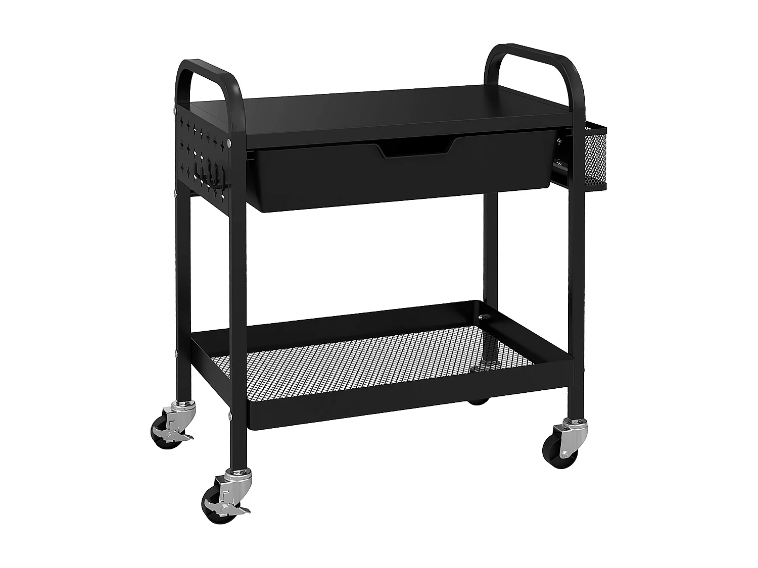 Carrello da cucina con cassetto estraibile 3 ganci e cesto nero