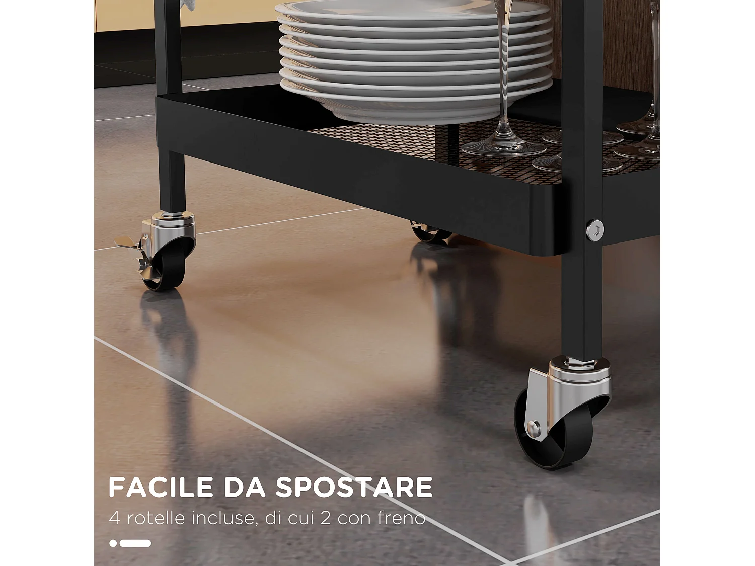 Carrello da cucina con cassetto estraibile 3 ganci e cesto nero