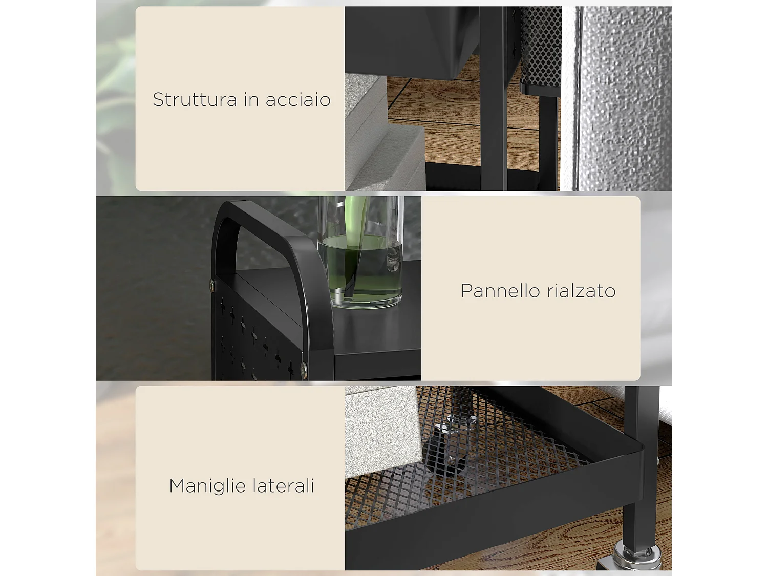 Carrello da cucina con cassetto estraibile 3 ganci e cesto nero