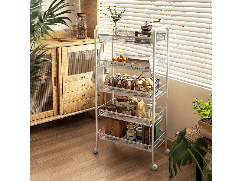 Carrello da cucina con 5 cestini a rete e ruote in acciaio bianco