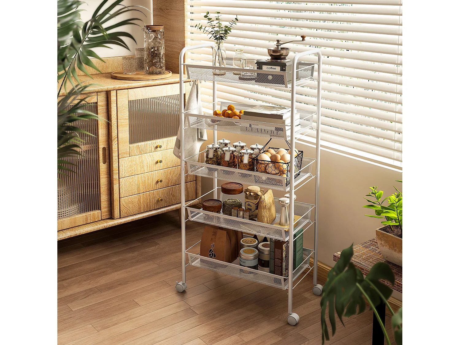 Carrello da cucina con 5 cestini a rete e ruote in acciaio bianco