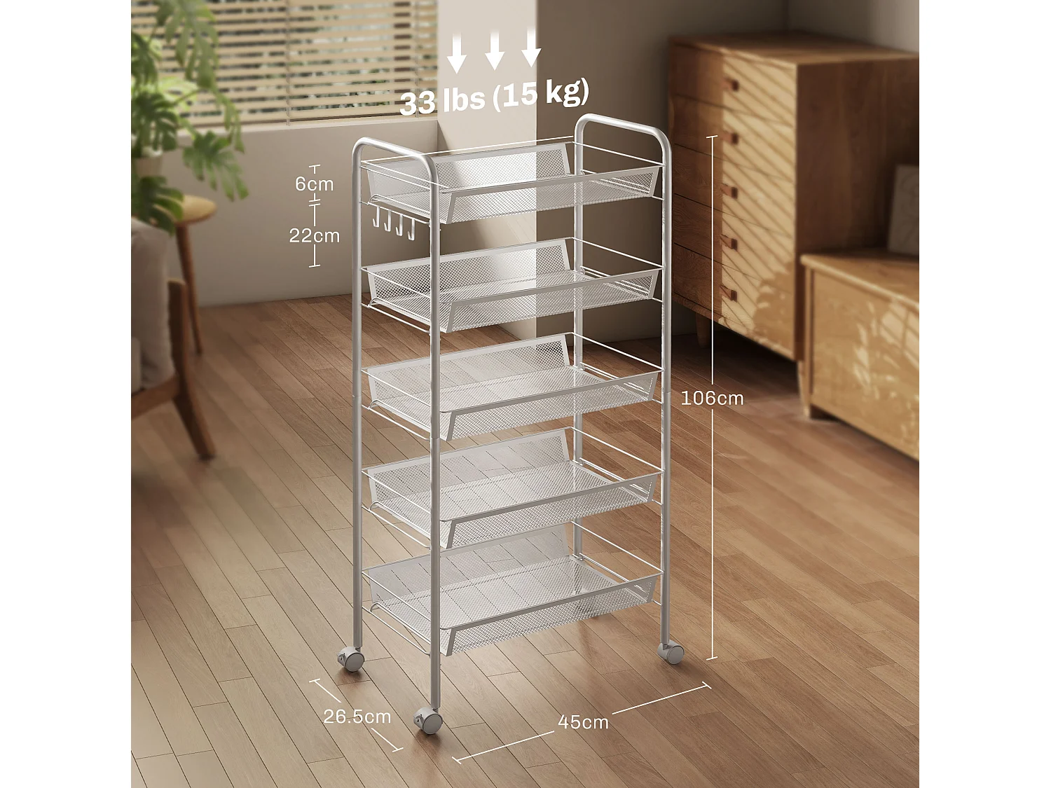 Carrello da cucina con 5 cestini a rete e ruote in acciaio bianco