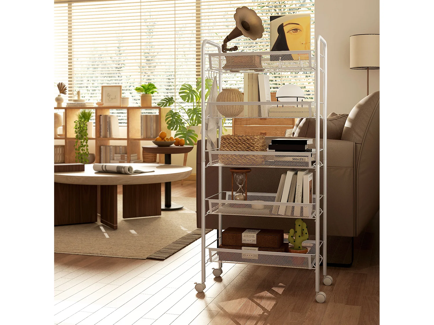 Carrello da cucina con 5 cestini a rete e ruote in acciaio bianco