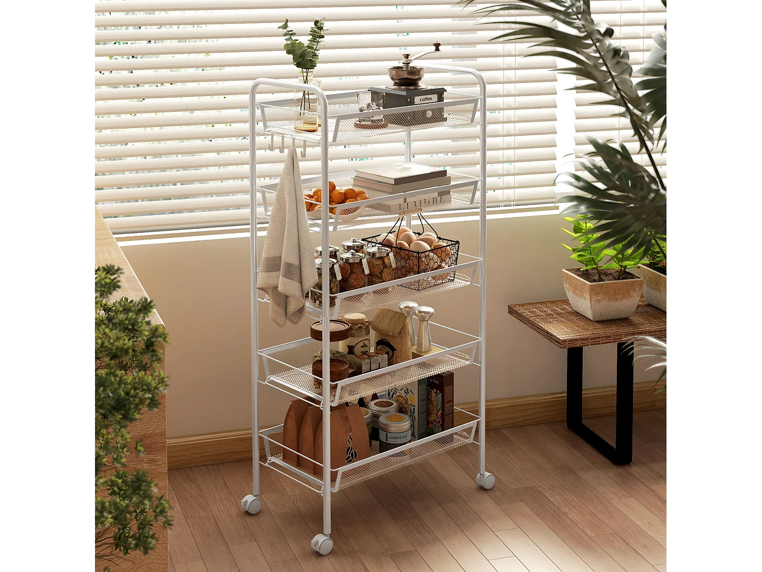 Carrello da cucina con 5 cestini a rete e ruote in acciaio bianco