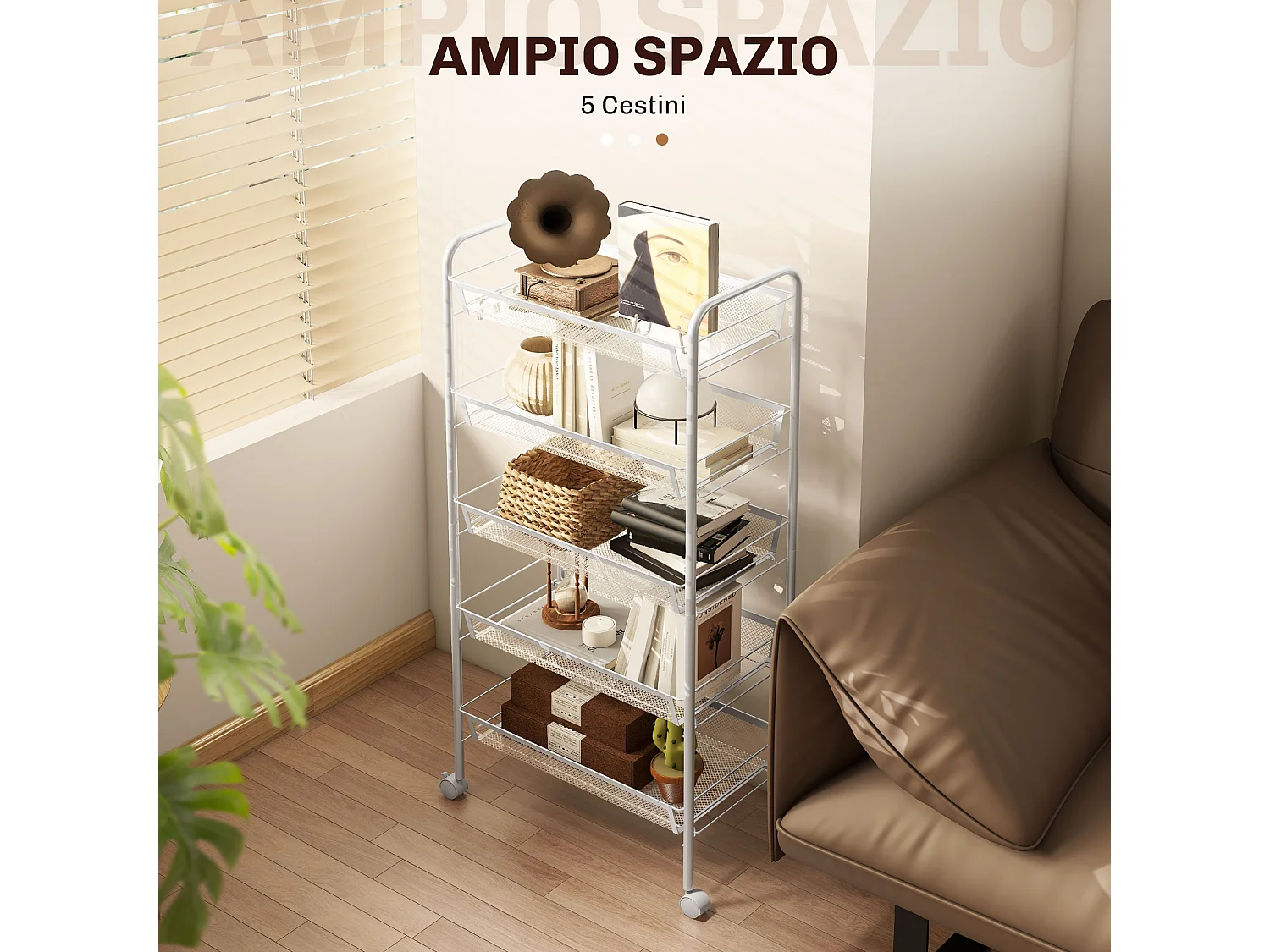Carrello da cucina con 5 cestini a rete e ruote in acciaio bianco