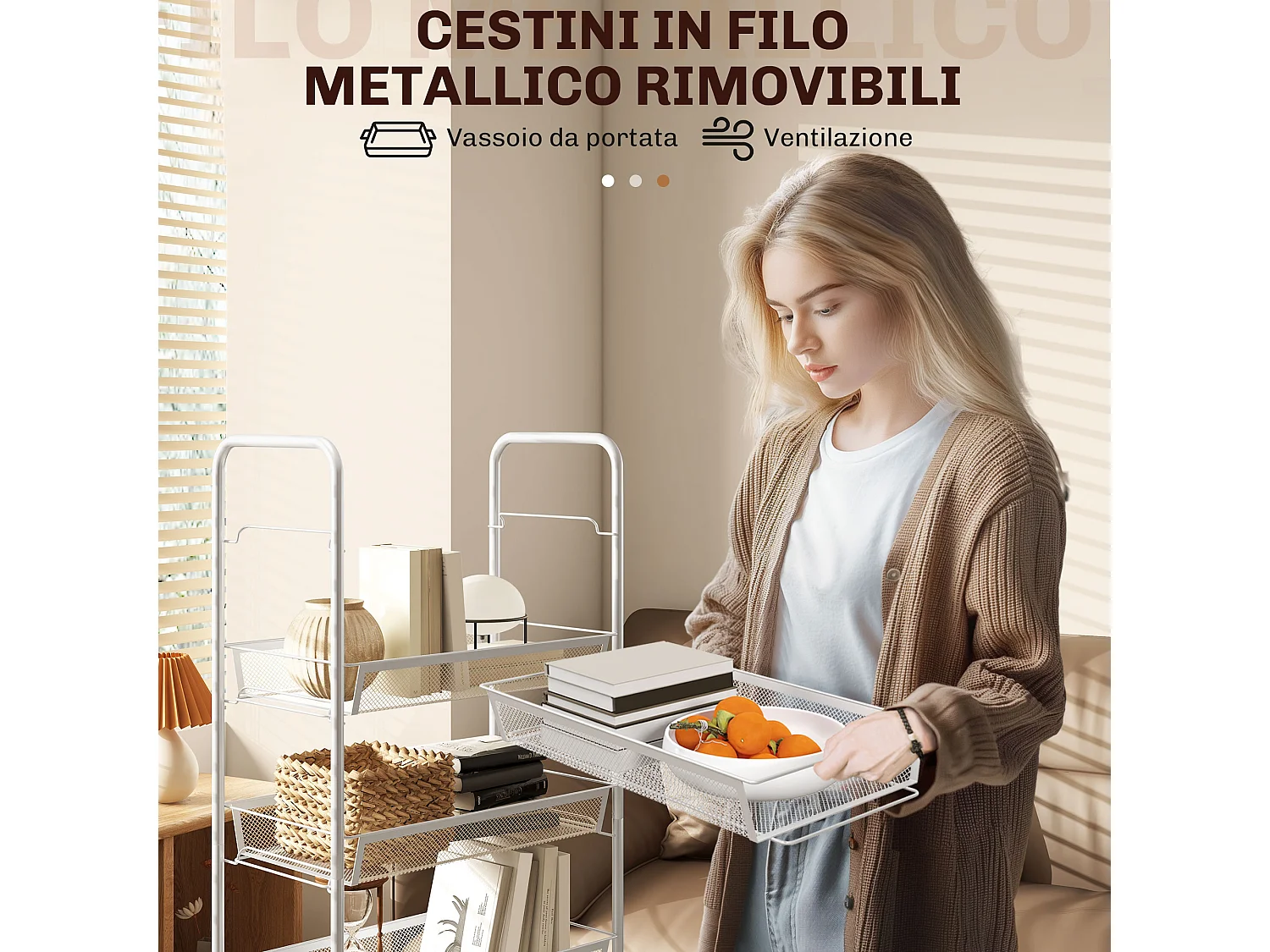 Carrello da cucina con 5 cestini a rete e ruote in acciaio bianco