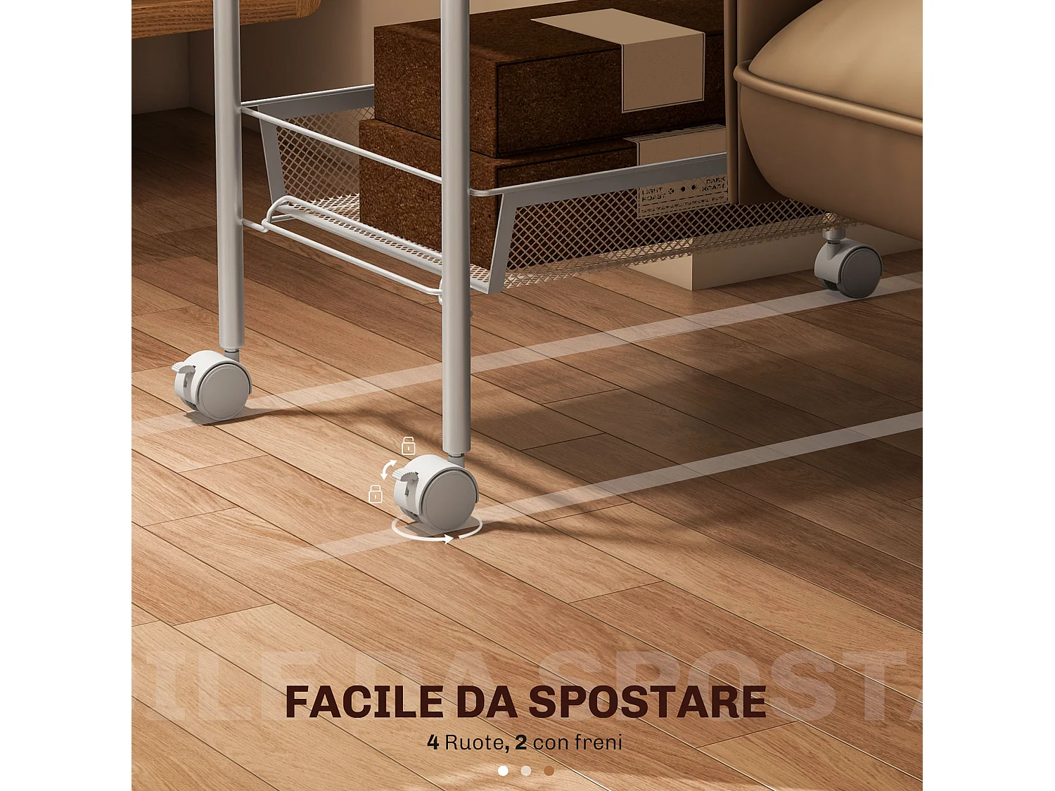 Carrello da cucina con 5 cestini a rete e ruote in acciaio bianco