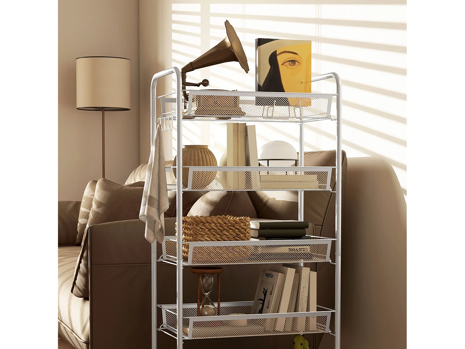 Carrello da cucina con 5 cestini a rete e ruote in acciaio bianco