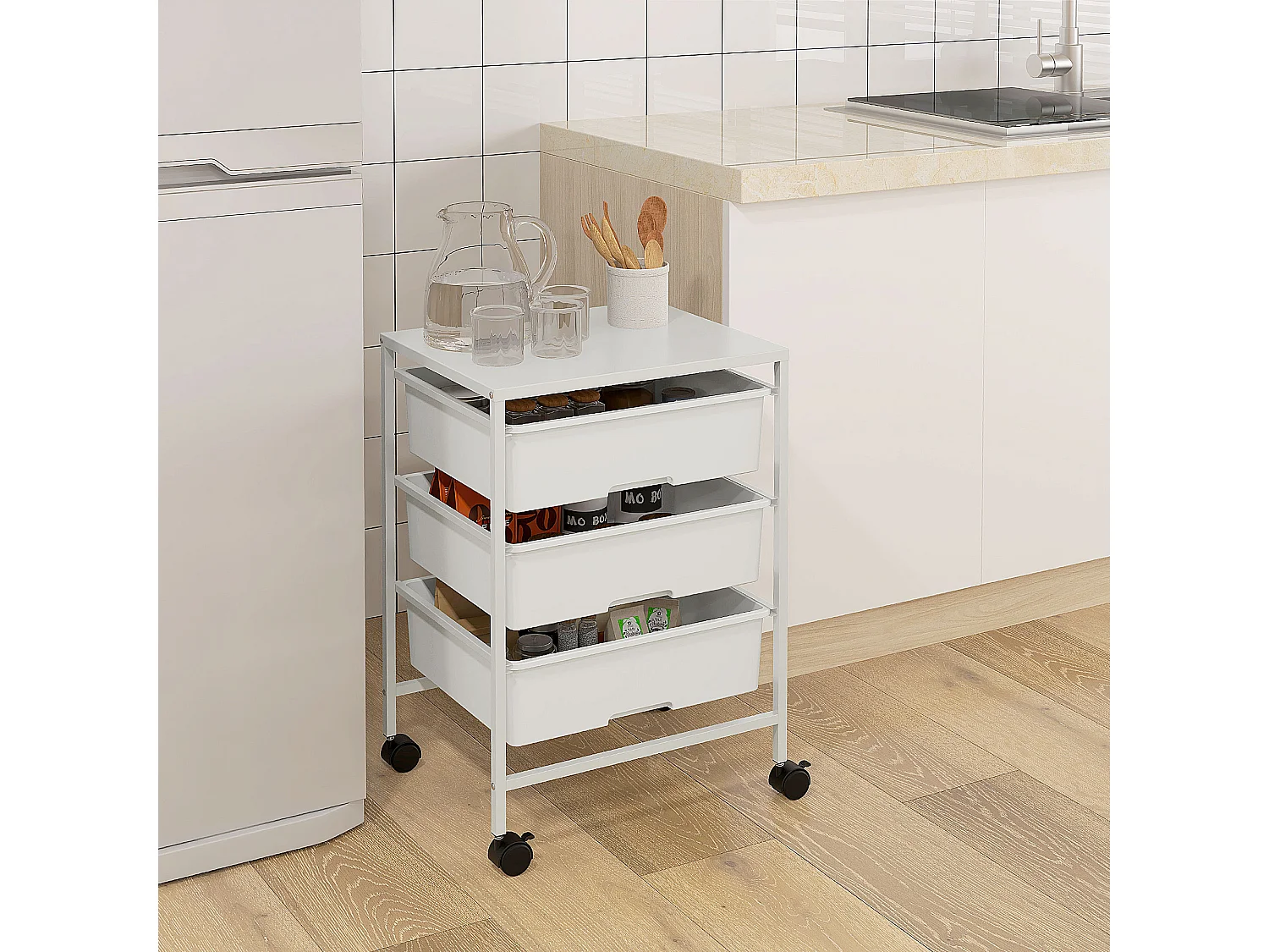 Carrello multiuso con 3 cestini estraibili e ruote bianco