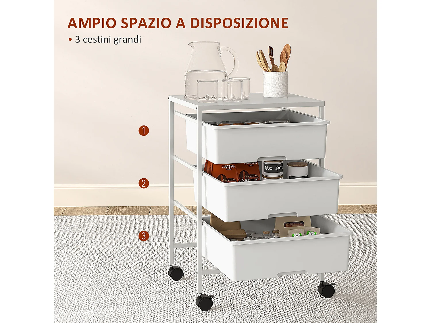 Carrello multiuso con 3 cestini estraibili e ruote bianco