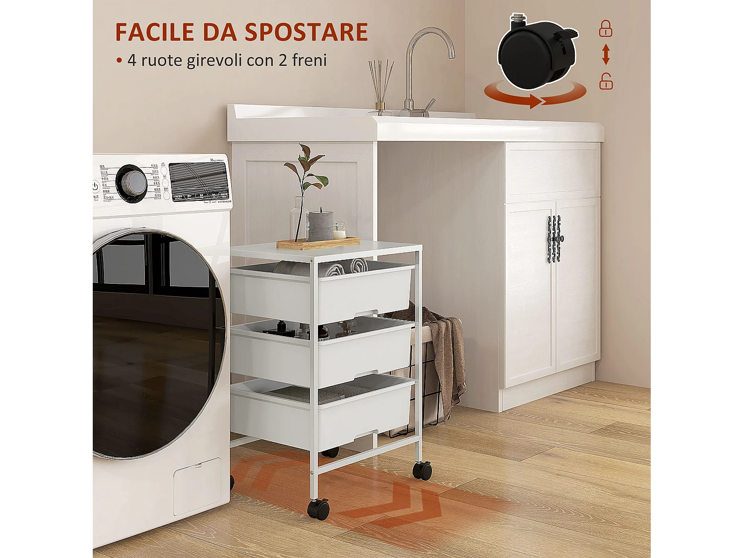 Carrello multiuso con 3 cestini estraibili e ruote bianco