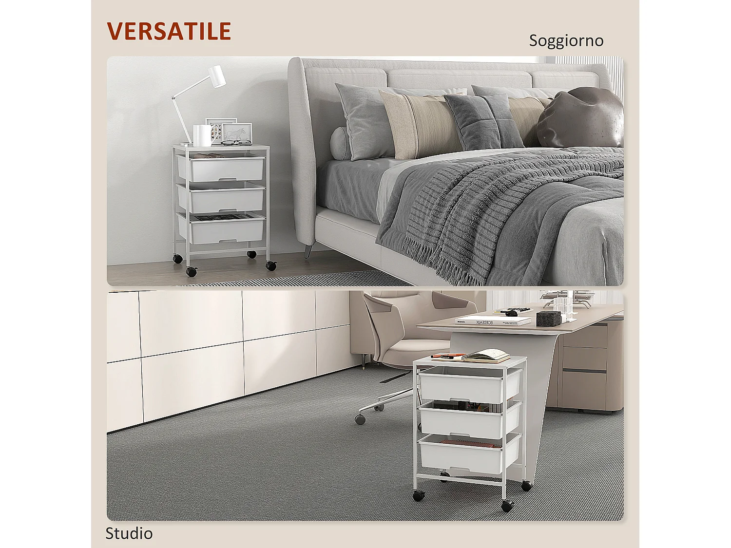 Carrello multiuso con 3 cestini estraibili e ruote bianco