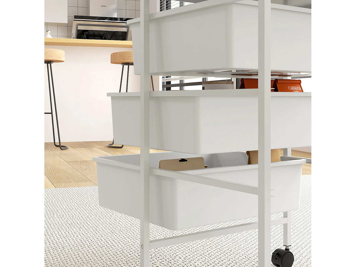 Carrello multiuso con 3 cestini estraibili e ruote bianco