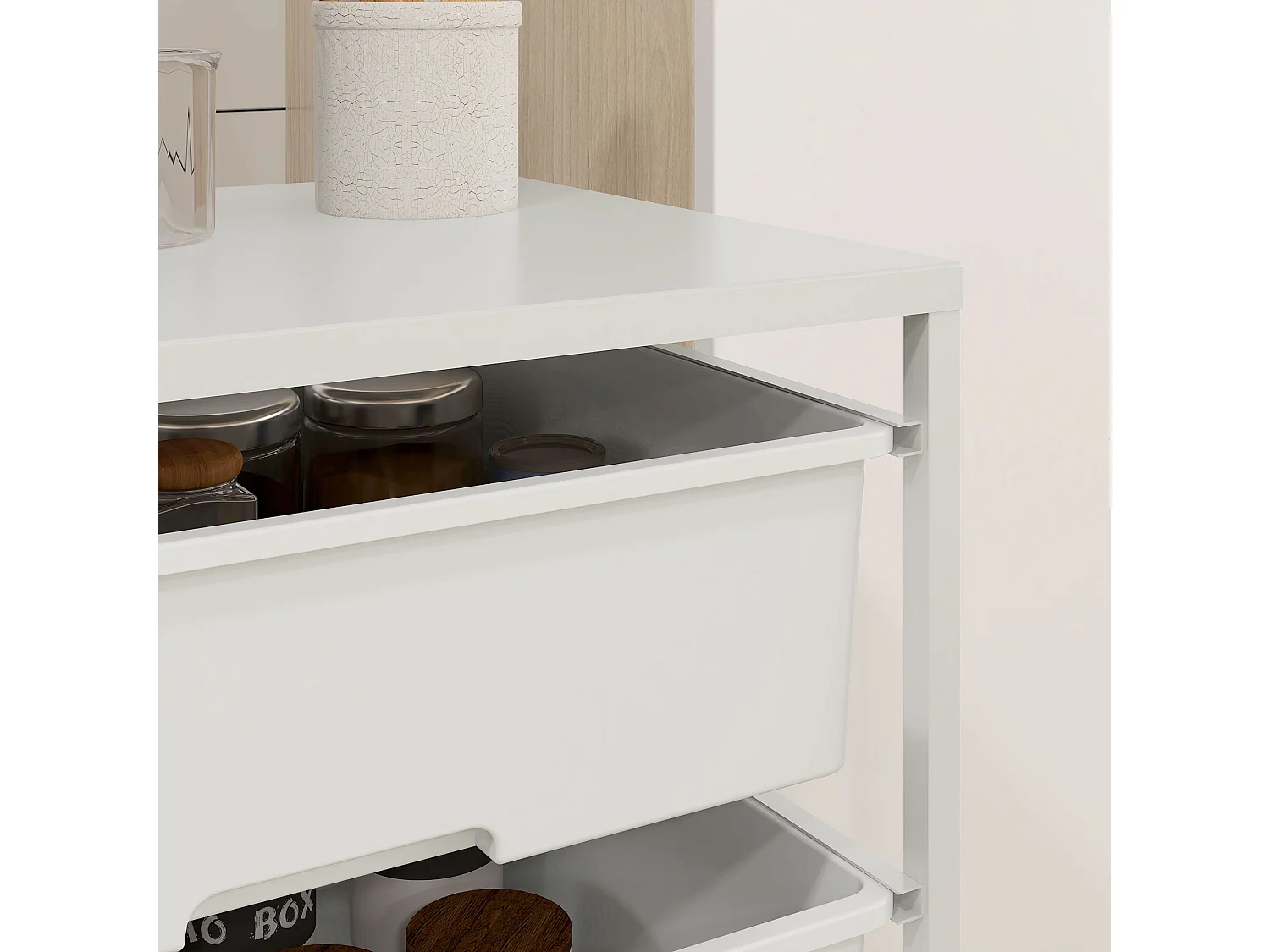 Carrello multiuso con 3 cestini estraibili e ruote bianco