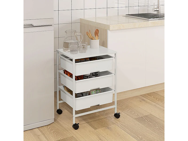 Carrello multiuso con 3 cestini estraibili e ruote bianco