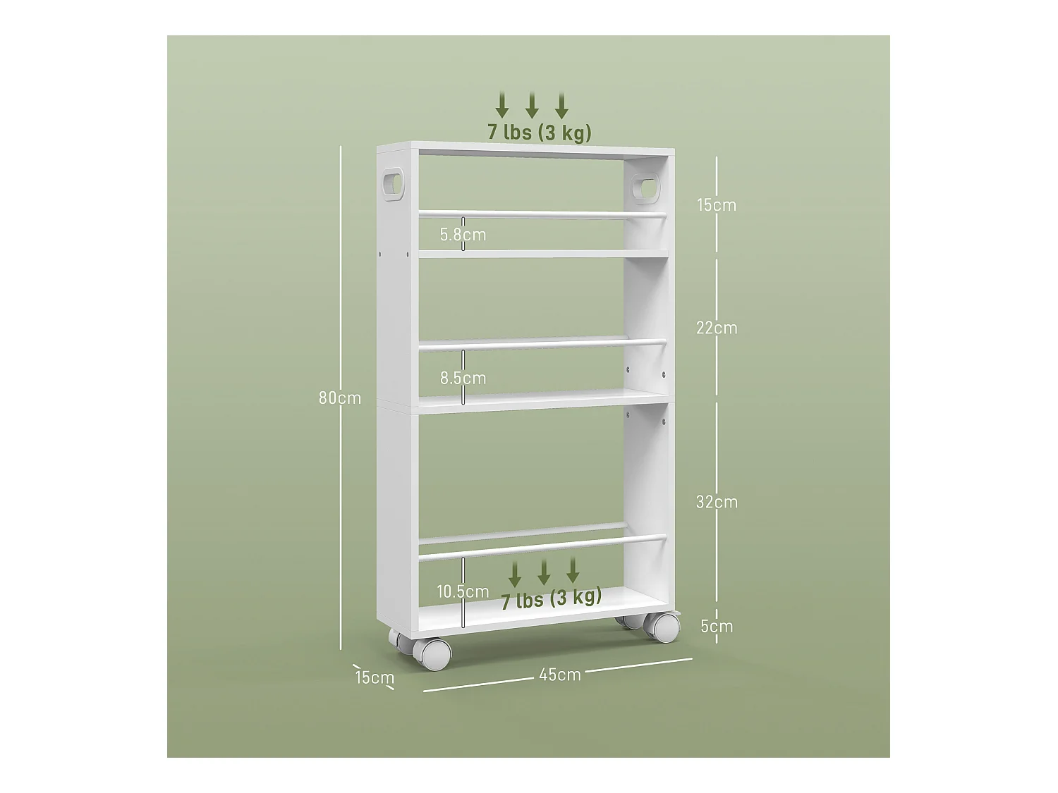 Carrello cucina e bagno a 3 livelli con barre laterali bianco