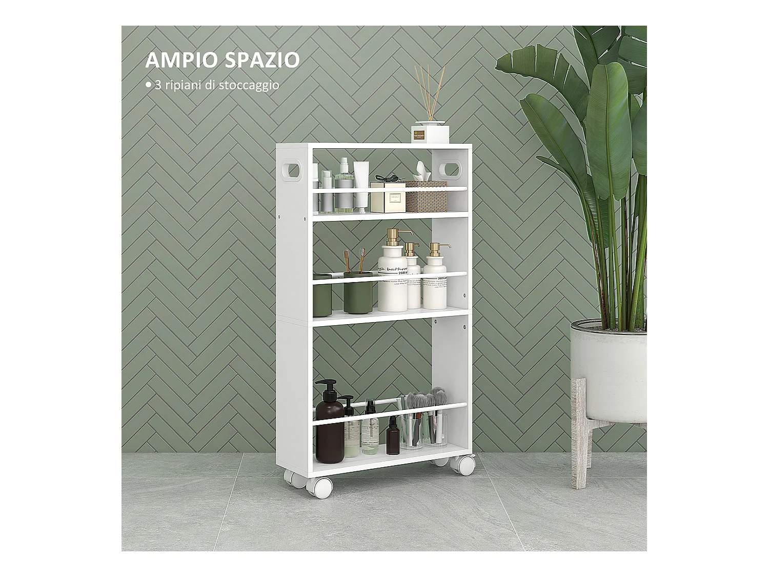 Carrello cucina e bagno a 3 livelli con barre laterali bianco