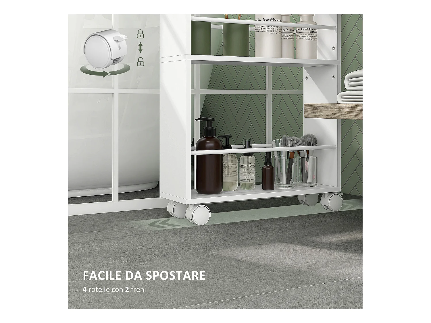 Carrello cucina e bagno a 3 livelli con barre laterali bianco