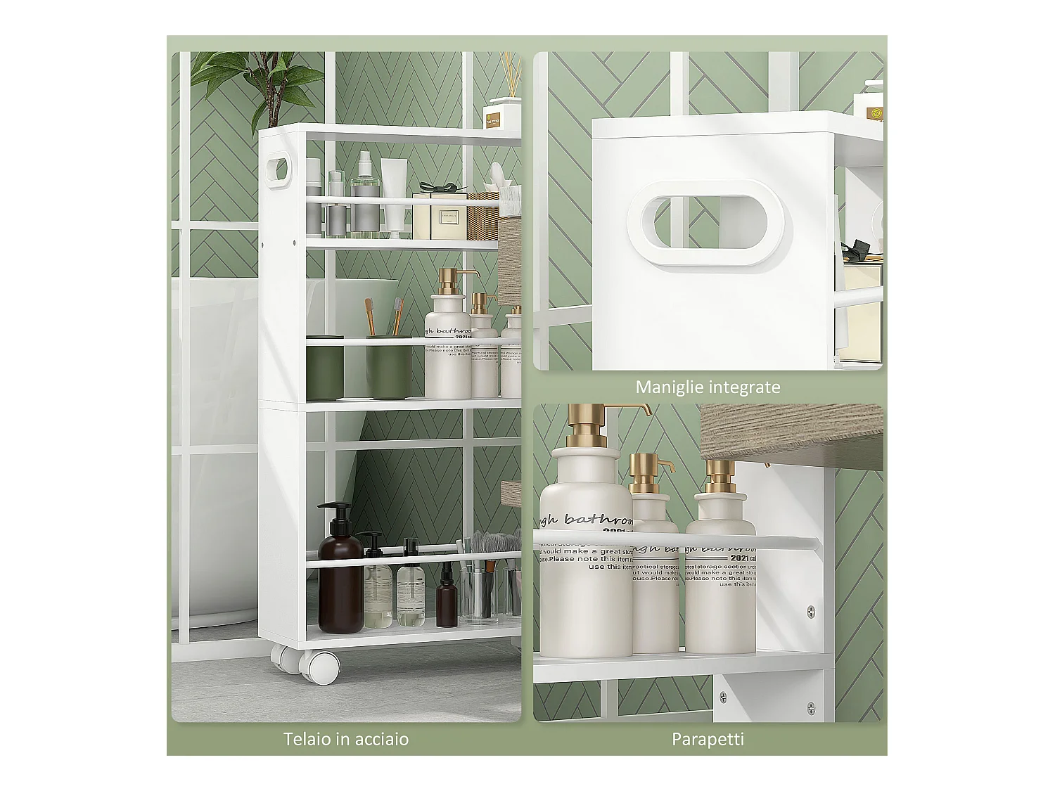 Carrello cucina e bagno a 3 livelli con barre laterali bianco