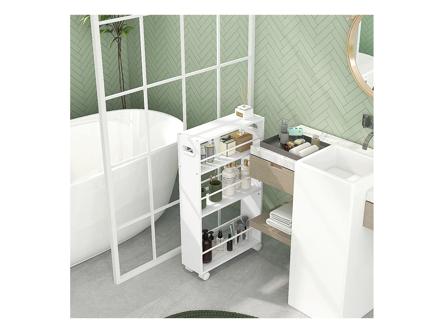 Carrello cucina e bagno a 3 livelli con barre laterali bianco