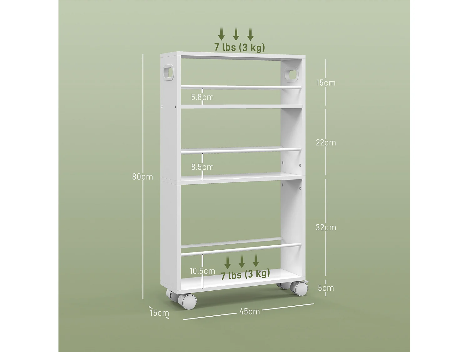 Carrello cucina e bagno a 3 livelli con barre laterali bianco
