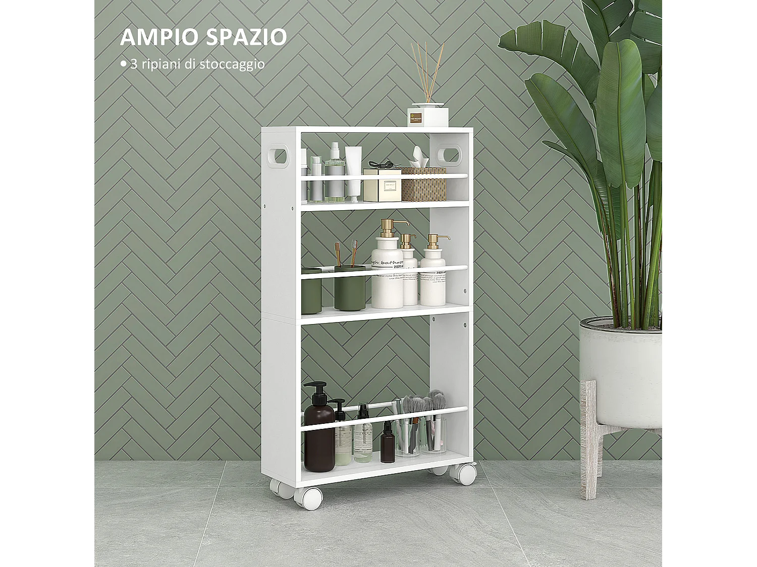 Carrello cucina e bagno a 3 livelli con barre laterali bianco