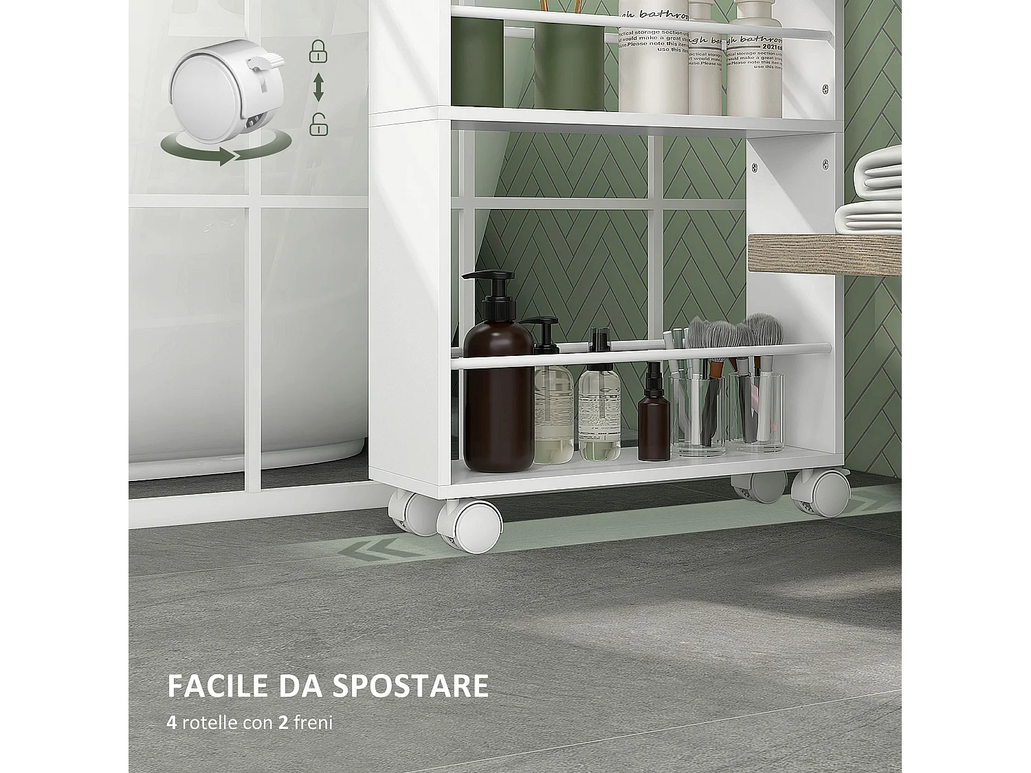 Carrello cucina e bagno a 3 livelli con barre laterali bianco