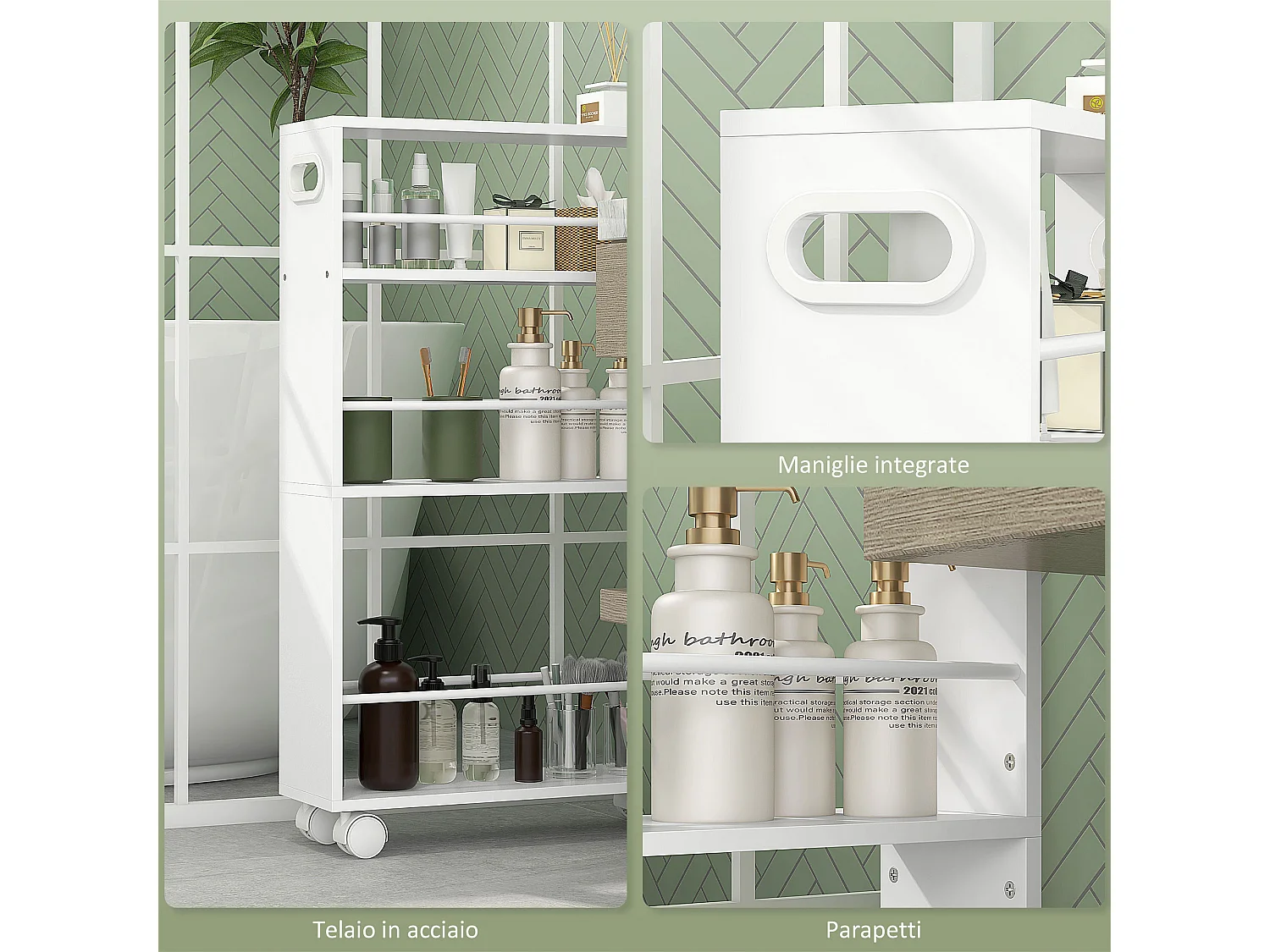 Carrello cucina e bagno a 3 livelli con barre laterali bianco