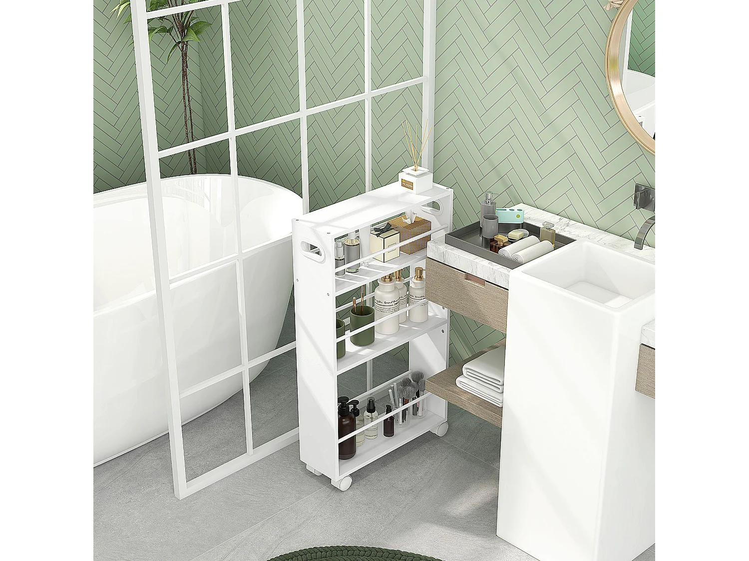 Carrello cucina e bagno a 3 livelli con barre laterali bianco