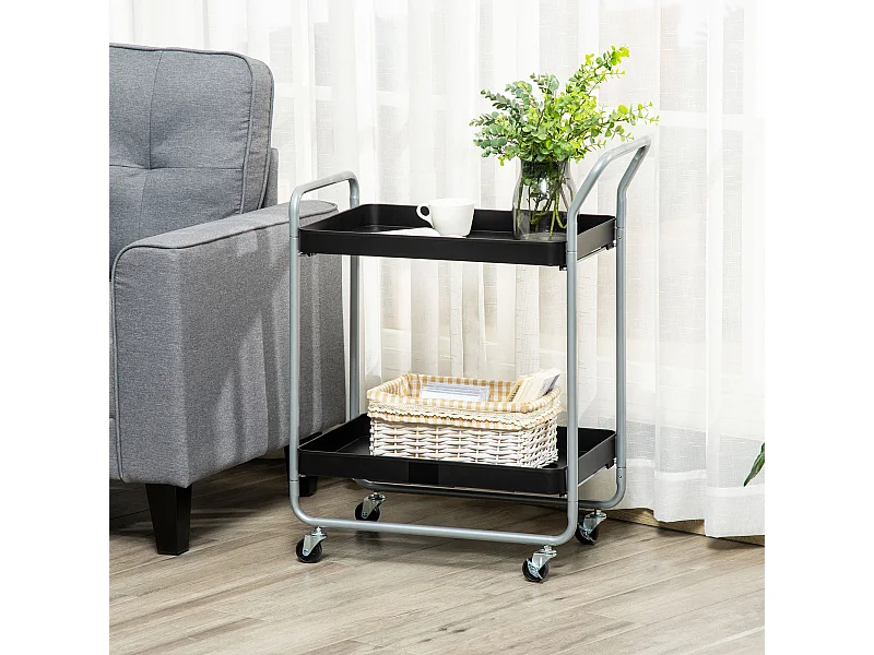 Carrello portavivande a 2 livelli con maniglie e ruote nero