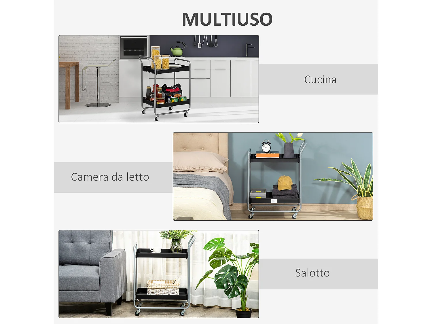 Carrello portavivande a 2 livelli con maniglie e ruote nero